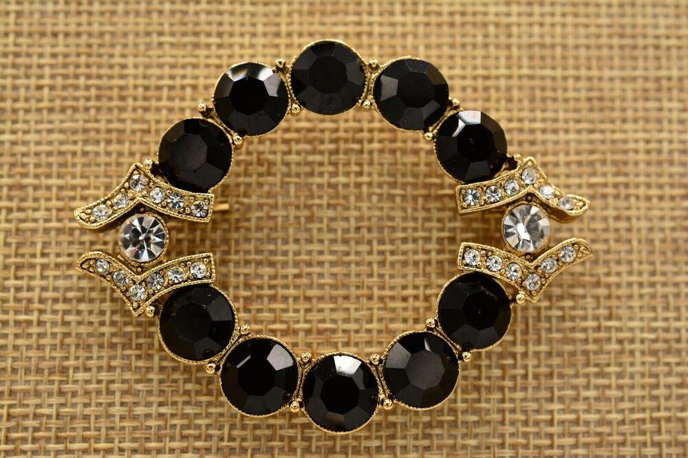 Vintage Black Crystal Pin Brooch Round Gold Rhinestone Chunky Sparkling BinAL